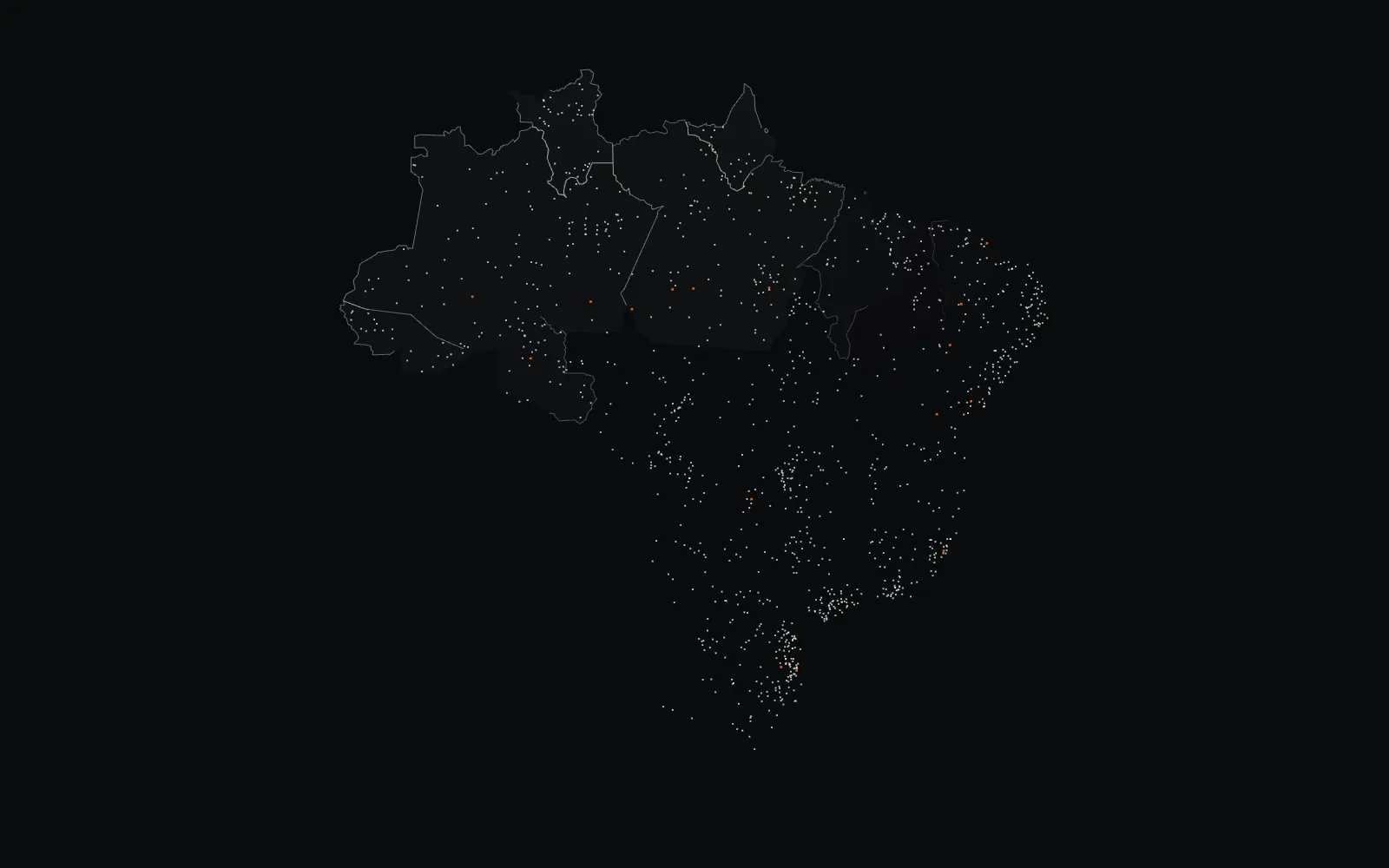 Pontos de dados chegando de várias fontes públicas e se juntando sobre o território brasileiro.